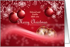 Custom Christmas Greetings - Ornamental Red Golde Balls & snow flakes card
