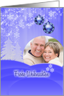 Custom German Christmas card with snow fall and ornaments on blue card