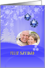 Custom Spanish Christmas card with snow fall and ornaments on blue card