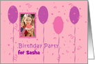 Birthday party invitation photo card with pink and magenta balloons card