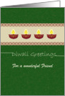 Diwali card for Friend with clay lamps on green background card