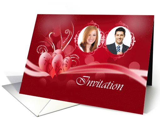 Photo Wedding Invitation with heart shape design on dark red card