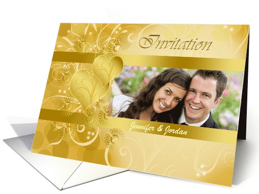 Photo Wedding Invitation with heart shape design on golden card