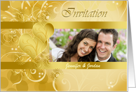 Photo Wedding Invitation with heart shape design on golden card