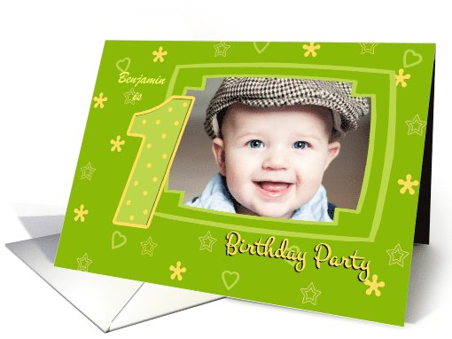 1st Birthday Party Photo Invitation card in green and yellow card