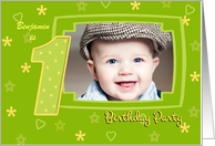 1st Birthday Party Photo Invitation card in green and yellow card