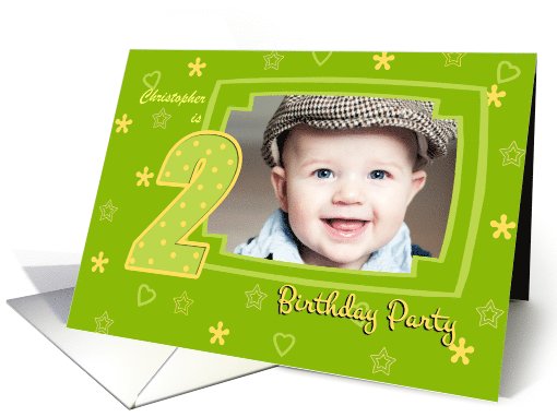 2nd Birthday Party Photo Invitation card in green and yellow card