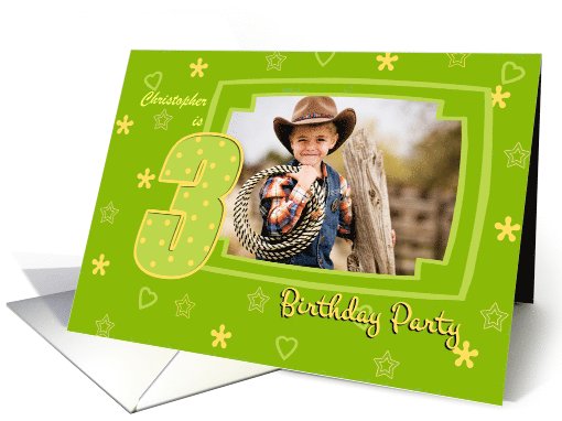 3rd Birthday Party Photo Invitation card in green and yellow card