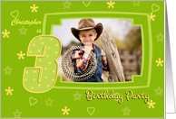 3rd Birthday Party Photo Invitation card in green and yellow card