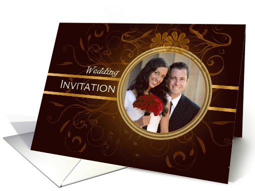 Photo Wedding Invitation Card on dark brown with golden design card