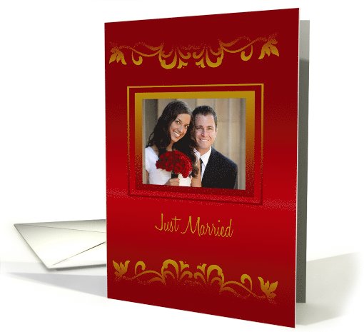 Wedding Announcement Photo Card on deep red with golden frame card