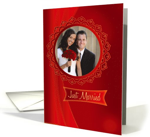 Wedding Announcement Photo Card on deep red with circular frame card