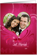 Wedding Announcement Photo Card on pink-red with heart shape frame card