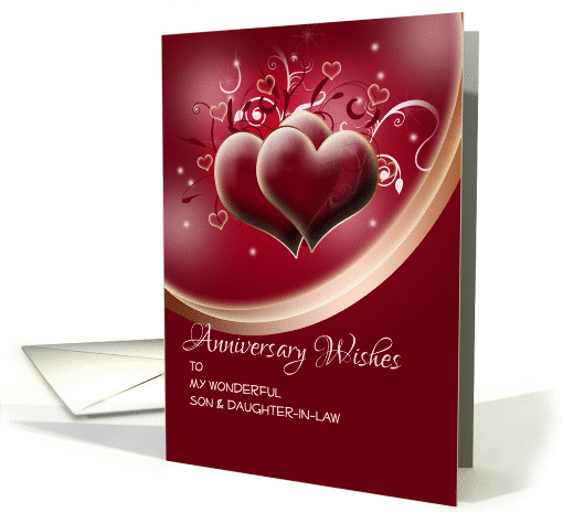 Anniversary wishes for Son & Daughter in Law on dark red hearts card