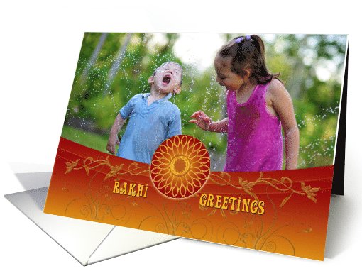 Photo Rakhi Greetings for Brother on red-orange with rakhi design card
