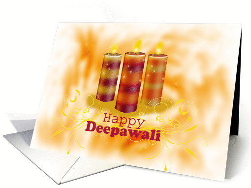 Diwali Greetings with Three Colorful Candles on golden orange card