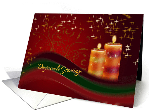 Diwali Greetings with Two Colorful Candles on dark red card (1089810)