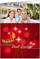 Photo Diwali Greetings with decorative oil lamp on dark red card