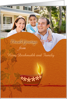 Photo Diwali Greetings with decorative oil lamp on brown orange card