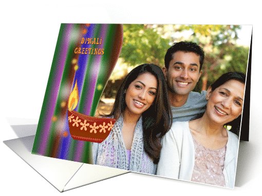 Photo Diwali Greetings with decorative traditional oil lamp card