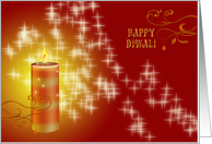Diwali Greetings with golden candle on red-yellow festive backgroud card