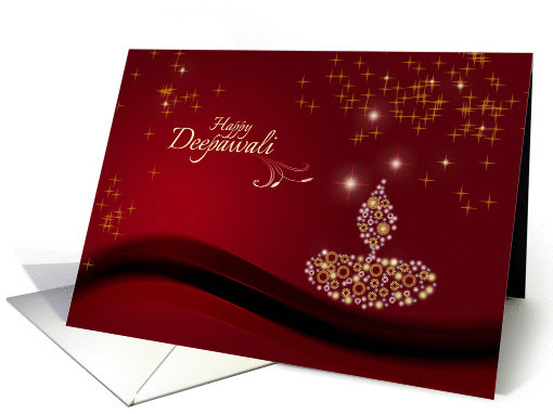 Diwali Greetings - decorative lamp on festive maroon backgroud card