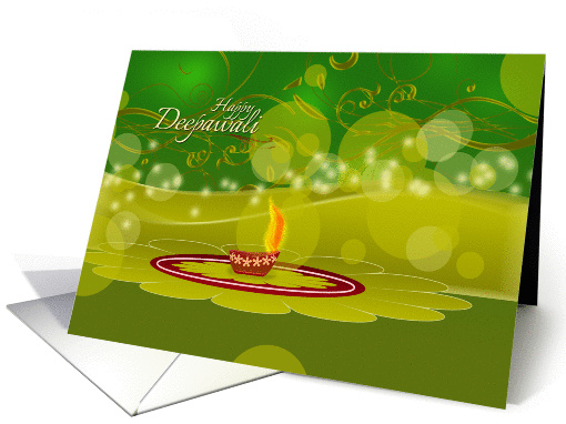 Diwali Greetings - decorative lamp on green design card (1099784)