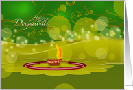 Diwali Greetings - decorative lamp on green design card