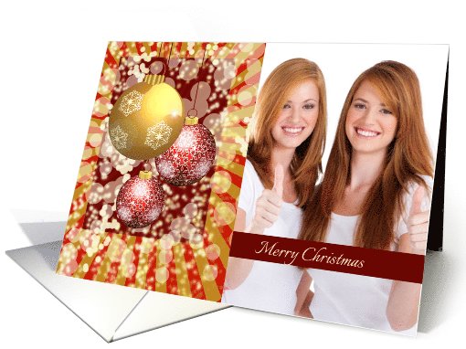 Photo Merry Christmas Greetings with Ornamental Golden,Red balls card