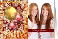 Photo Merry Christmas Greetings with Ornamental Golden,Red balls card