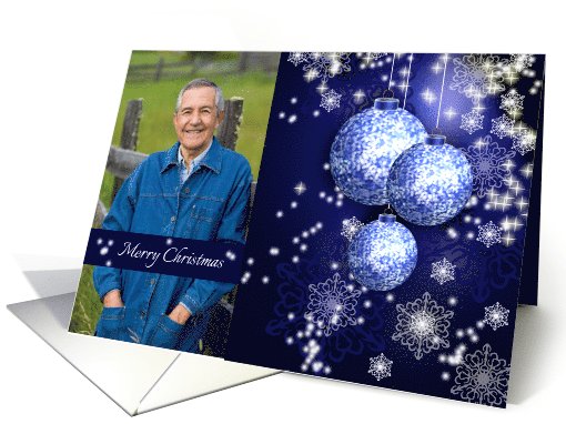 Photo Merry Christmas Greetings with Ornamental Blue Silver balls card