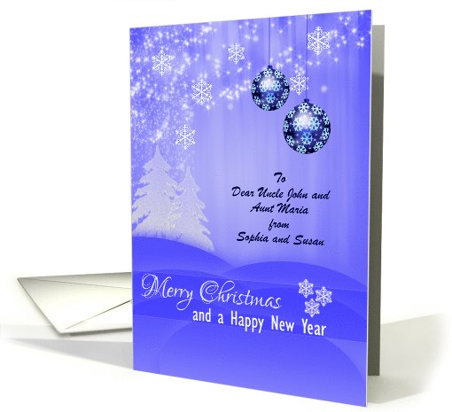 Merry Christmas Greetings - Ornamental Blue Balls and snow flakes card