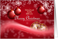 Custom Christmas Greetings - Ornamental Red Golde Balls & snow flakes card
