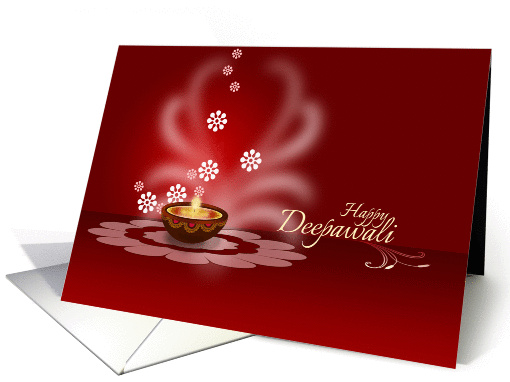 Diwali Greetings - decorative oil lamp on maroon backgroud card
