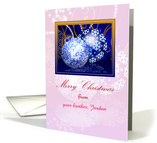 Custom name/ relationship Christmas card with blue ornaments card