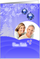 Custom Italian Christmas card with snow fall and ornaments on blue card