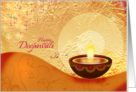 Diwali Greetings - decorative lamp on festive golden background card