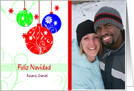 Spanish Photo Christmas greetings- Feliz Navidad - ornaments on white card