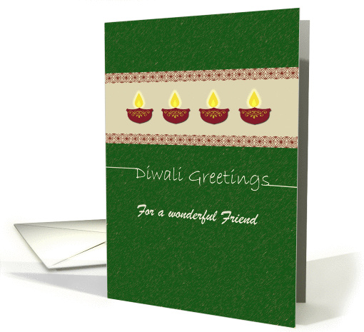 Diwali card for Friend with clay lamps on green background card
