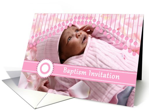 Baptism invitation for baby girl, pink custom photo card (881554)