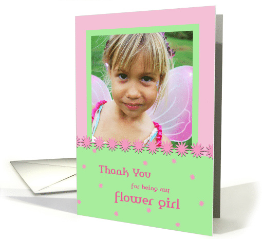 Custom photo flower girl thank you card in pink and pastel green card