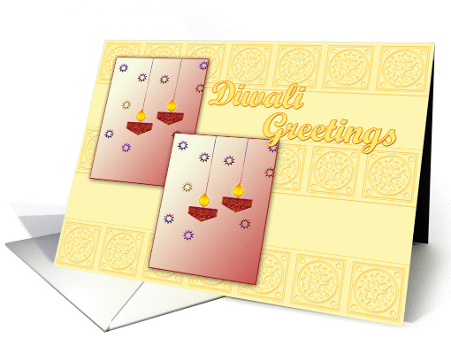 Diwali Greetings Card with hanging lamps on yellow design card