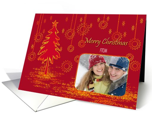 Christmas card with red golden tree and stars with your Photo card