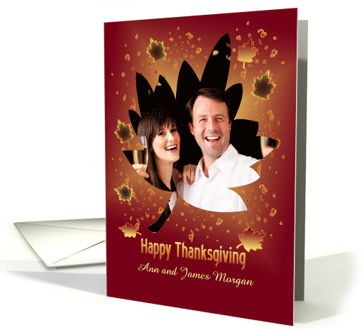 Thanksgiving Photo card with beautiful maple leaves on carmine card