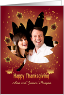 Thanksgiving Photo card with beautiful maple leaves on carmine card