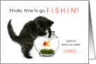Fishing Retirment Theme with Kitten and Goldfish Bowl card
