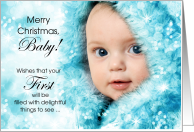 Baby’s 1st Christmas Cute Baby in Blue Bokeh card