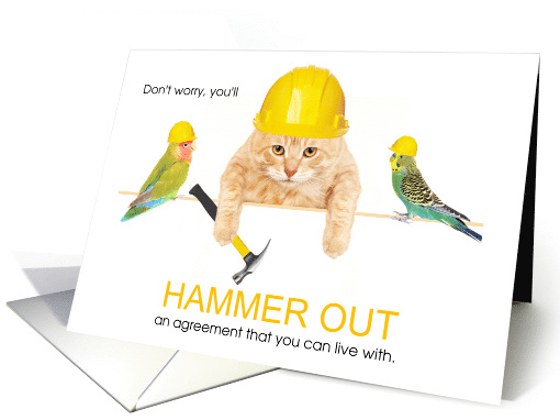 Divorce Encouragement Cat and Parrots with Hardhats card (1568508)