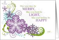 Christmas Snowflakes and Swirls Purple and Green card