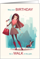 Fun Walking Themed Birthday with Woman and Dog card
